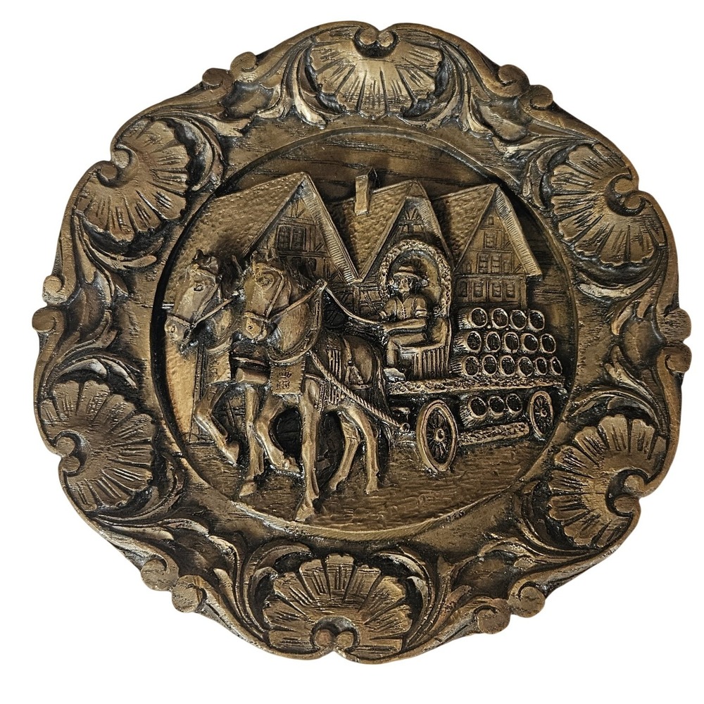 Vintage 3D Relief Brown Wood Resin Wall Plaque Horse Drawn Carriage Village 9"